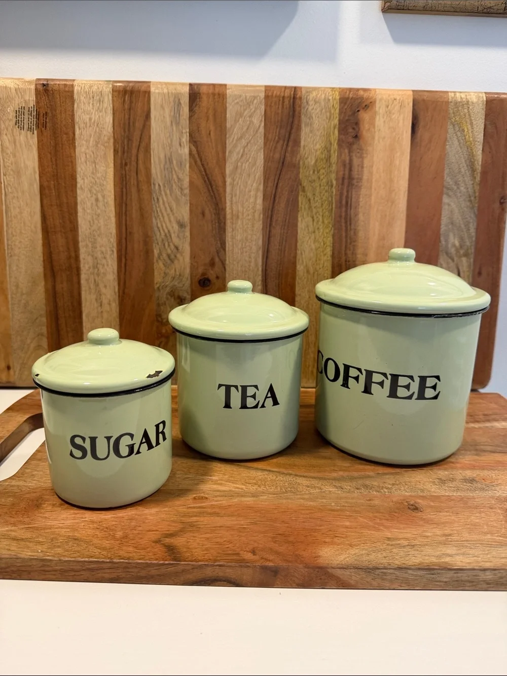 Vintage-Style Green Coffee Tea Sugar Enamel Canister Set